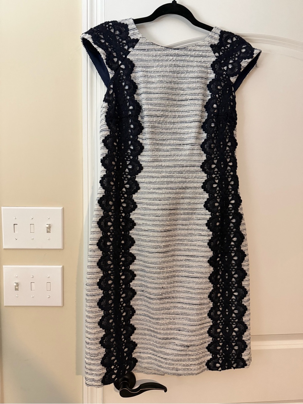 ANTONIO MELANI Cream and Navy Striped Midi Dress with Navy Lace